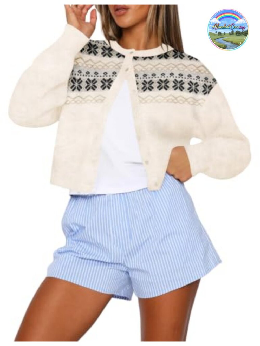 Womens Cropped Cardigan Lightweight Button Up Knit Sweater Crew Neck